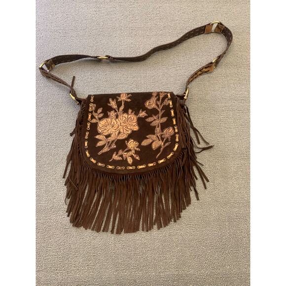 Isabella Fiore Women One Size Brown Suede Fringe Messenger Bag Floral - Picture 6 of 9